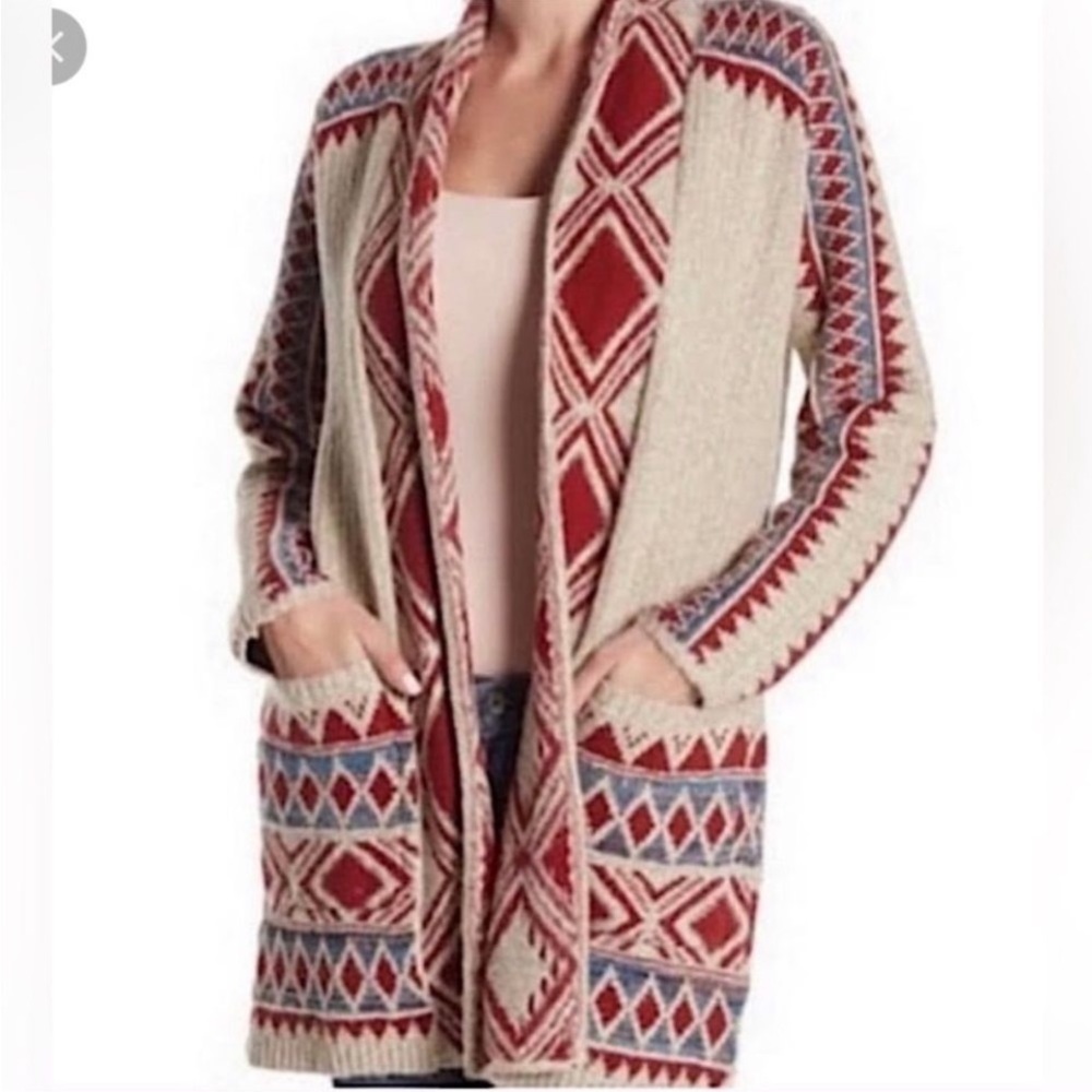 Lucky Brand Southwestern Aztec Long Open Front Cardigan Sweater Size S.